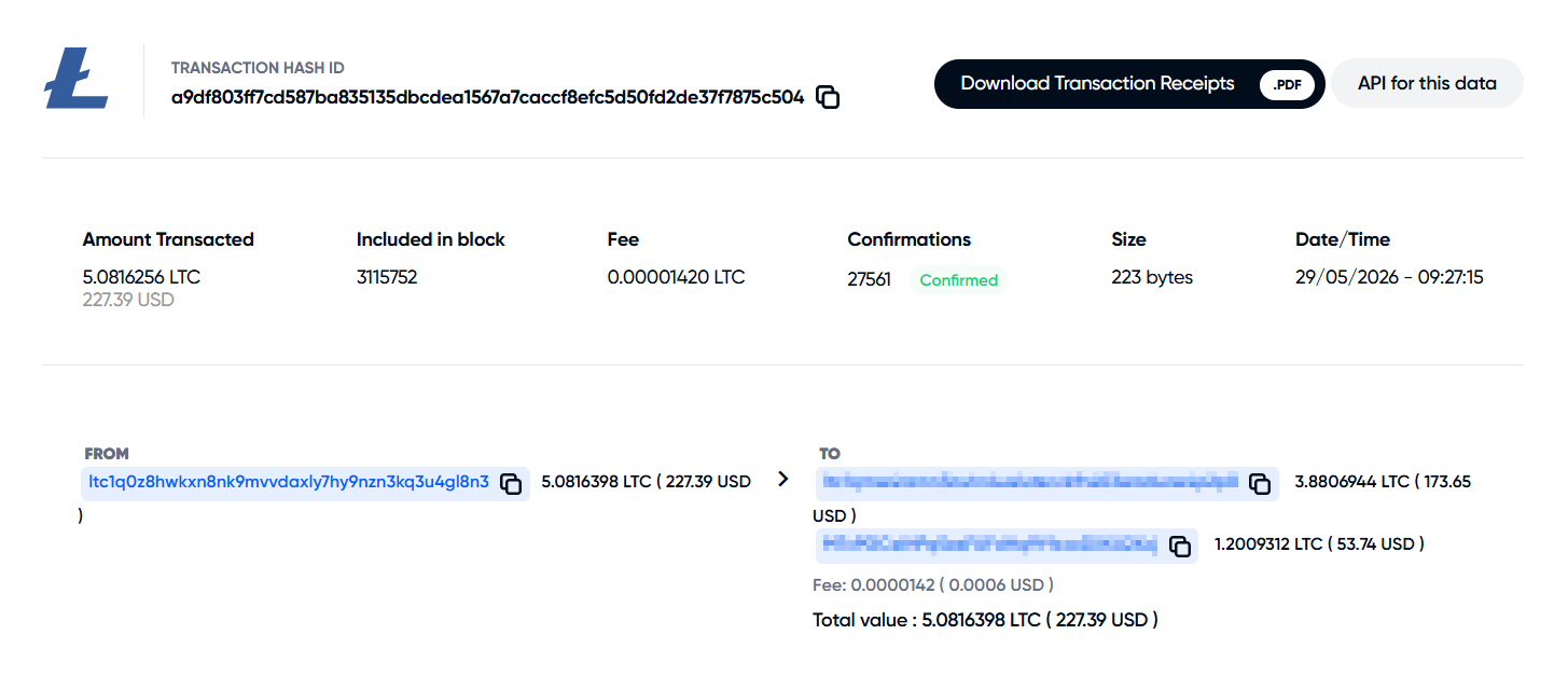 Block explorer record confirming an on-chain Litecoin transaction