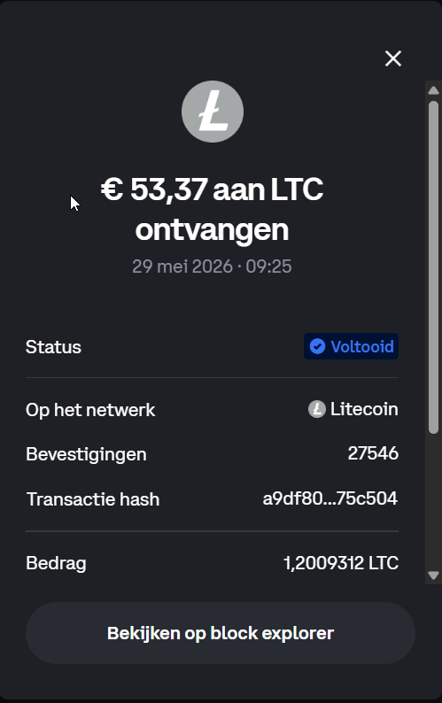 Coinbase receipt confirming receipt of a Litecoin withdrawal